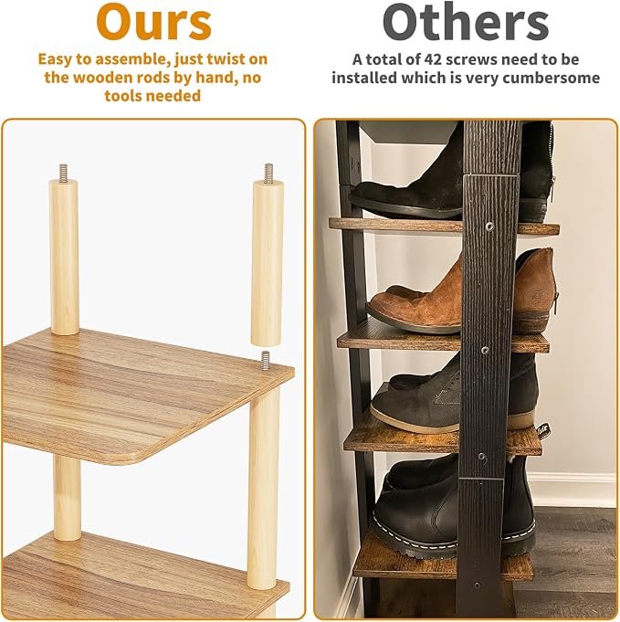 8 Tiers Vertical Shoe Rack, Tall Narrow Shoe Tower Corner Shoe Rack, Walnut | Small Shoe Organizer for Entryway, Closet, Dorm & Small Spaces, Freestanding Wooden Shoe Shelf for Boots, Sneakers, Heels.