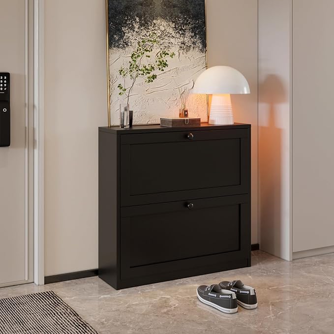 VOWNER Shoe Cabinet with 2 Flip Drawers, Freestanding Shoe Storage Cabinet with Adjustable Shelf & Anti-Tipping Device, Shoe Rack for Entryway, Hallway, Living Room (Black)