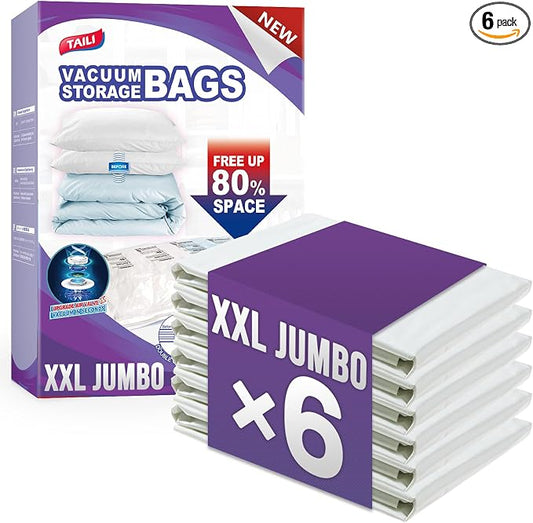 TAILI Vacuum Storage Bags 6 Pack, XXL Jumbo Size 47x39 Inch, Cream | XXL Large Vacuum Seal Bags for Clothing, Huge Space for Bedding, Comforters, Pillows, Toy, Save More Closet Space