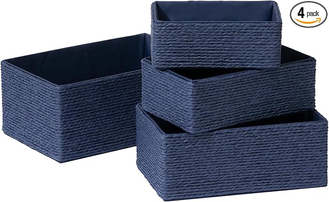 LA JOLIE MUSE Bathroom Basket Organizers, Paper Rope Storage, Blue 4 Pack | Stackable, Sturdy Lined Woven Basket, Organizer for Toilet Paper, Laundry Room Essentials, Shelves and Nightstand Drawers