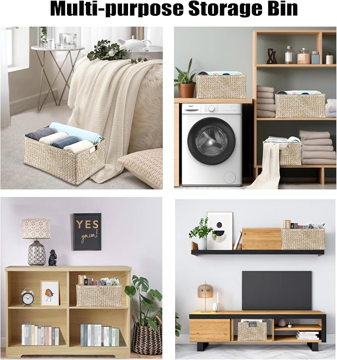 Hipiwe Wicker Storage Basket Bin X-Large Rectangular Opened Baskets Box | Handwoven Seagrass Basket Box with Handle for Shelf Organizing Closet Bathroom, 15.7" L x 11.8" W x 7.5" H