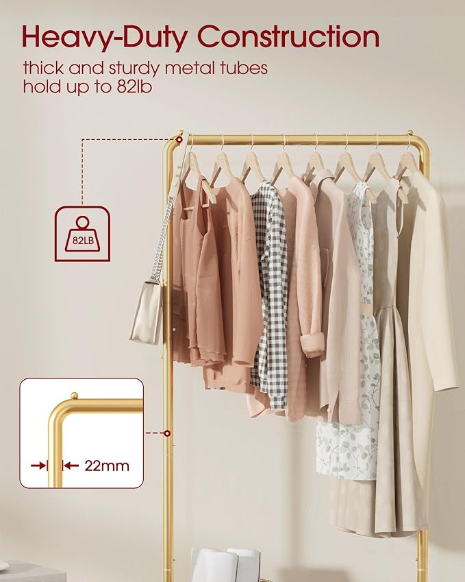 Sakugi Clothes Rack - Clothing Rack with Storage Mesh Shelf & Casters, Heavy-Duty Metal Clothing Rack for Hanging Clothes, Dresses, Coats, Large Load Capacity, Easy Assembly, Gold, 28.0"x16.9"x59.0"