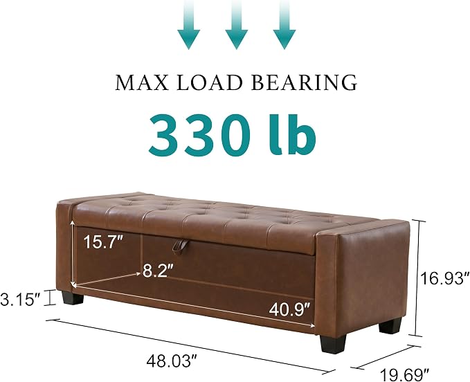 Huatean Home 48" Ottoman with Storage, Brown Storage Ottoman Bench | Upholstered Entryway Bench with Seating for Bedroom, Living Room with Safety Hinge, Holds up to 330 lb