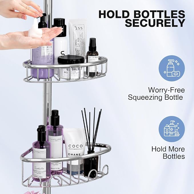 Corner Shower Caddy Tension Pole: Stainless Steel Rustproof 4-Tier Shower Organizer - 47-121 inch Adjustable Bathroom Shelves for Bathtub Shampoo Storage - Tension Rod Floor Standing Bath Rack