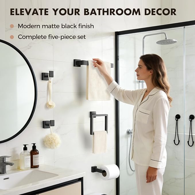 5-Pieces Matte Black Bathroom Accessories Set, 16 Inch Bath Towel Bar Set | Stainless Steel, Towel Ring, Toilet Paper Holder, Robe Hooks, Towel Racks for Bathroom Wall Mounted, Bathroom Hardware Set