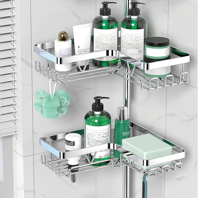 DAOYA Corner Shower Caddy Tension Pole - Chrome Tension Rod Shower Caddy | 4 Tier Shower Organizer for Bathroom/Bathtub/RV, Floor to Ceiling 25-114.2 inch, WIth 28 Hook/2 Soap Dish/ 2 Razor Holder