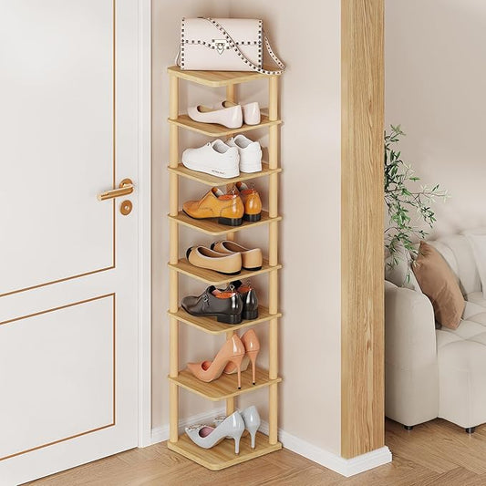 8 Tiers Vertical Shoe Rack Tall Narrow Shoe Tower Corner Shoe Rack, Natural | Small Shoe Organizer for Entryway, Closet, Dorm & Small Spaces, Freestanding Wooden Shoe Shelf for Boots, Sneakers, Heels.