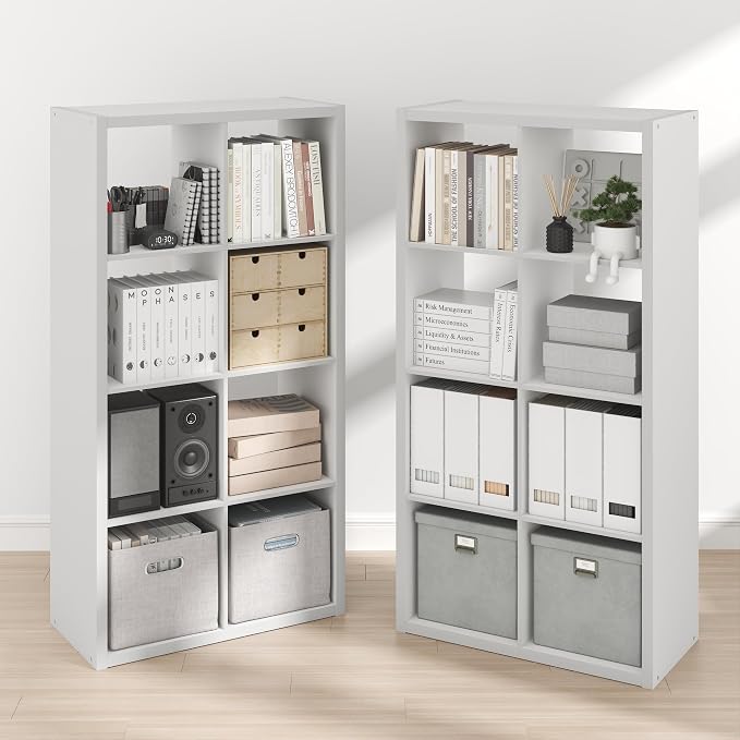 Furinno Cubicle Book Shelf Set of 2, 8-Cube Bookshelf, White | 14.6 x 30 x 57.9, Thick Frame, Horizontal & Vertical Reversible Bookcase, Open Back, for Living Room, Bedroom, Home Office