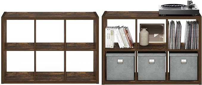 Furinno Cubicle Book Shelf Set of 2, 6-Cube Bookshelf, Amber Pine | 14.6 x 43.8 x 30, 1.2" Thick, Horizontal & Vertical Reversible Bookcase with Open Back, for Living Room, Bedroom, Home Office