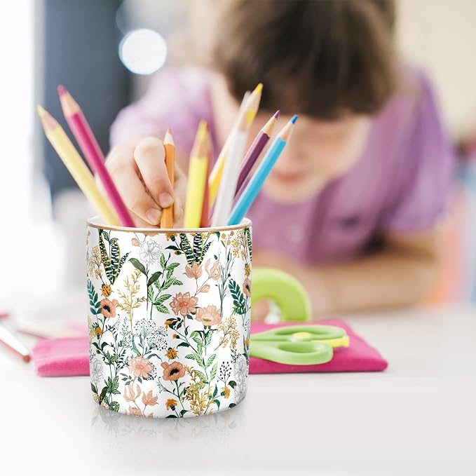 Large Capacity Colored Pen Holder for Desk, Ceramic Pencil Holder Pen Cup Marker Holder Makeup Brush Holders, Desk Accessories & Workspace Organizers for Home, Office, White Flower