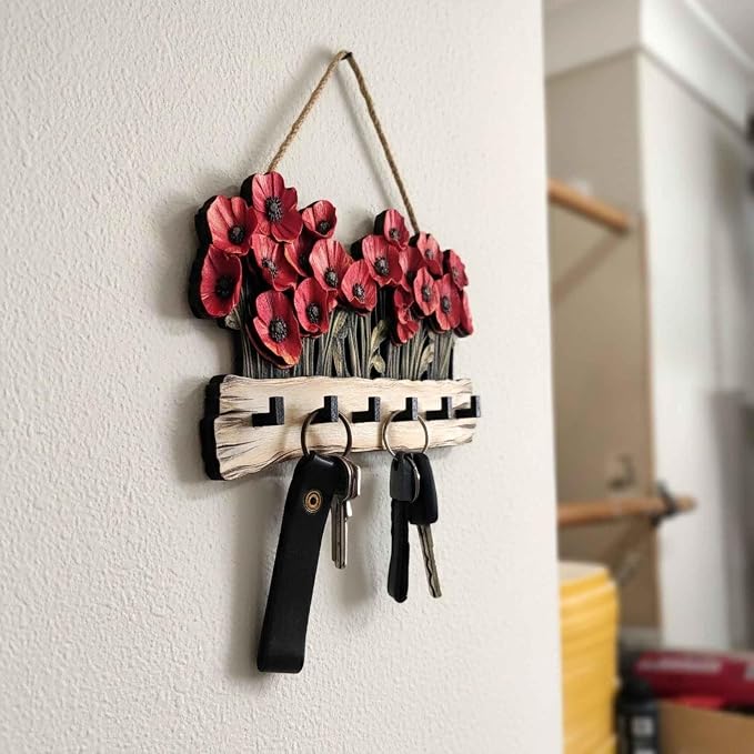 Oak & Hearth Wooden Key Holder for Wall – Rustic Poppy Flower Key Rack with 6 Hooks – Farmhouse Entryway Organizer & Wall Decor