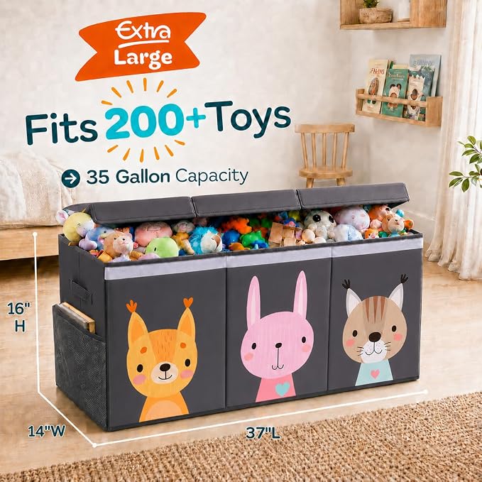 SoftOwl Extra Large Toy Storage Organizer with Lid - Sturdy, Collapsible Toy Chest Storage Box with Cute Design - Toys Bin with Dividers for Kids, Boys, Girls, Nursery, Bedroom, Play room 37"x16"x14"