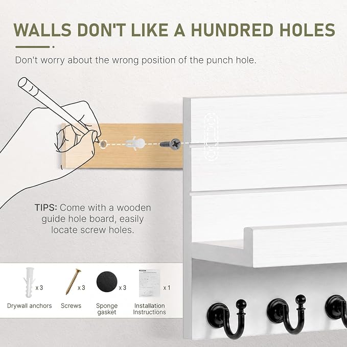 HONJIN Key Holder Wall Mount with Shelf and 5 Sturdy Key Hooks (White) | Key and Mail Holder Wall Mount, Wooden Entryway Organizer and Decorative, Easy Installation, 10*3.8*6.85 Inch