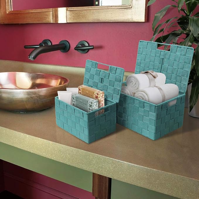 Sorbus Set of 3 Hand-Woven Storage Baskets with Lids – Decorative Wicker Organizers for Home, Closet, or Shelves (Aqua)