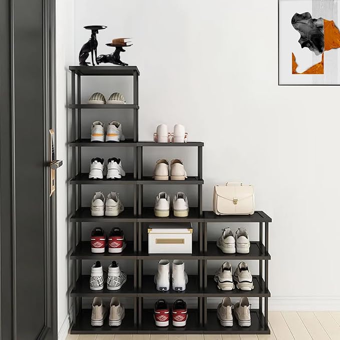 Vertical Shoe Rack - Tall Narrow Shoe Rack Organizer for Small Spaces,7 Tier Bamboo Shoen Shelf for Entryway,Closet,Corner,Doorway,Skinny Shoe Shelf Space Saving Shoe Storage,Free Stackable DIY
