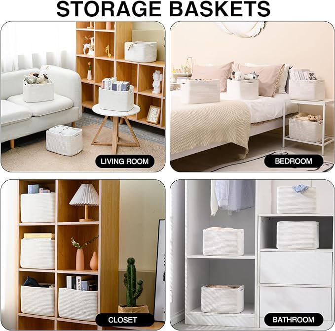 ICERZCZ Storage Baskets for Organizing 12.5"x9.1"x7.9" (4 Packs) Off White | Storage Bin for Shelves, Woven Cotton Rope Basket with Handles for Bedroom Living Room Nursery Bathroom