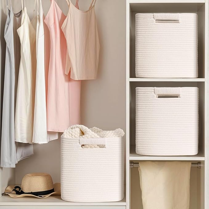 13 Inch Storage Cubes, 3 Pack Cube Storage Bins for Organizing, Cotton Rope Woven Baskets for Shelves, Bathroom, Kids Room, Closets, Baby Nursery