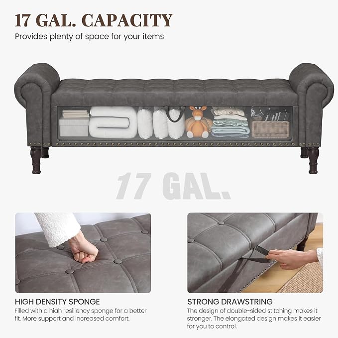 YOUDENOVA Ottoman with Storage, 60" End of Bed Bench with Rolled Arms, Upholstered Storage Bench with Vintage Rivets for Bedroom, Living Room, Entryway, Gray