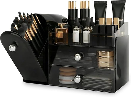 lurcns Makeup Organizer with Dustproof Brush Holder for Vanity, Large Cosmetics Organizer and Bathroom Countertop Skincare Storage with 2 Clear Drawers for Lipstick, Perfume, Eyeshadow Palettes,Black