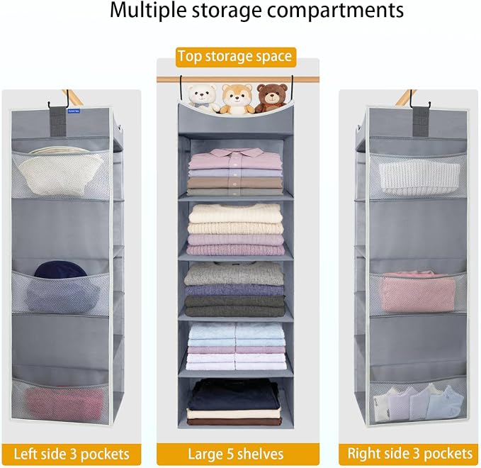 5-Shelf Hanging Closet Organizer and Storage with 6 Side Pockets, Collapsible Closet Hanging Shelves for Storage, Grey