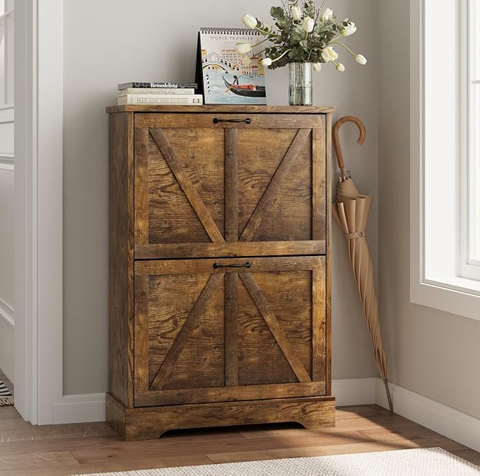 Smart FENDEE Shoe Cabinet, Shoe Storage Cabinet for Entryway with 2 Flip Drawers, Narrow Farmhouse Shoe Organizer Cabinet, Slim Shoe Rack Cabinet, 23.6in Rustic Brown