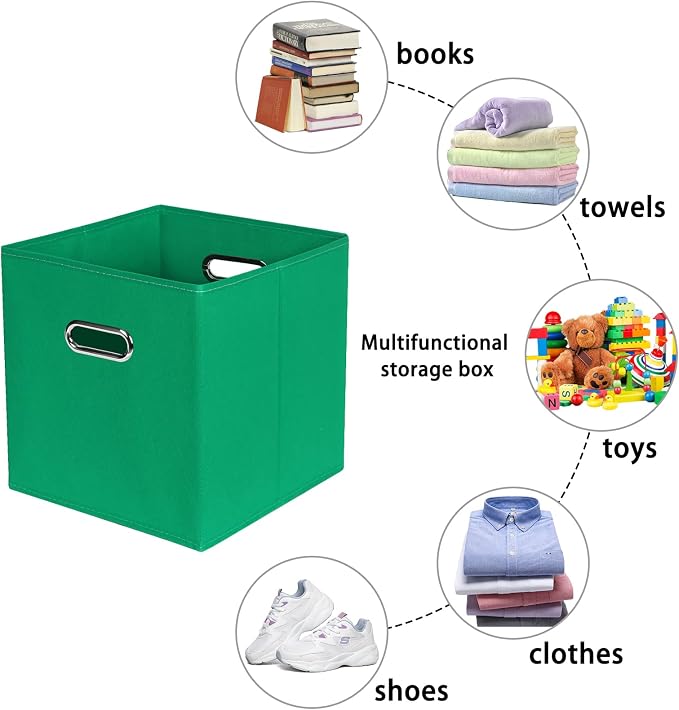 Green Foldable Storage Bins, 11x11x11, Set of 6, (Fabric Cube Organizer with Handle, for Cloth or Accessory Storage)
