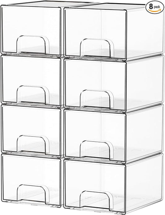 8 Pack Small Stackable Storage Bins,Clear Acrylic Drawer Boxes,Medicine Cabinet Organizer,Plastic Containers for Organizing Vanity,Undersink,Pantry,Bathroom Makeup Organizer,Home Organization