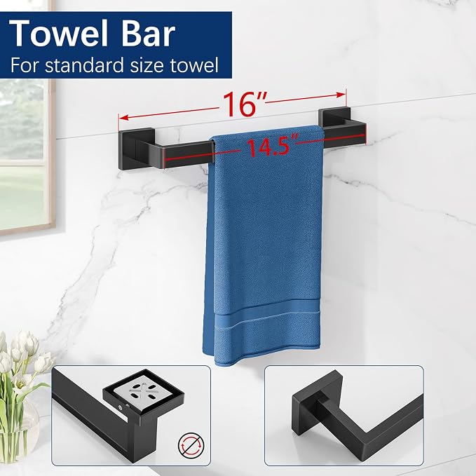 Gypie 5-Piece Bathroom Hardware Accessories Set, Towel Racks for Bathroom Wall Mounted Stainless Steel, Matte Black Towel Bar Set 16In