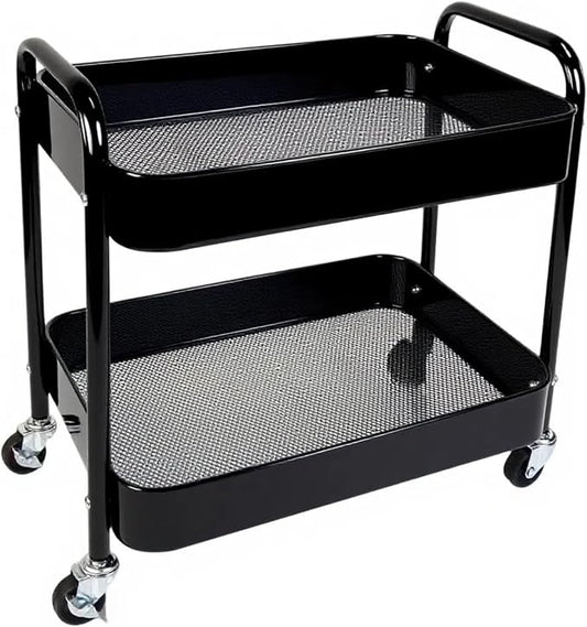 2 Tier Short Rolling Cart with Wheels for Under Desk Storage & Panrty Floor Organizer, Large Capacity Metal Kitchen Utility Cart, Sturdy Makeup Organizer for Small Space with 4 Hooks, Black