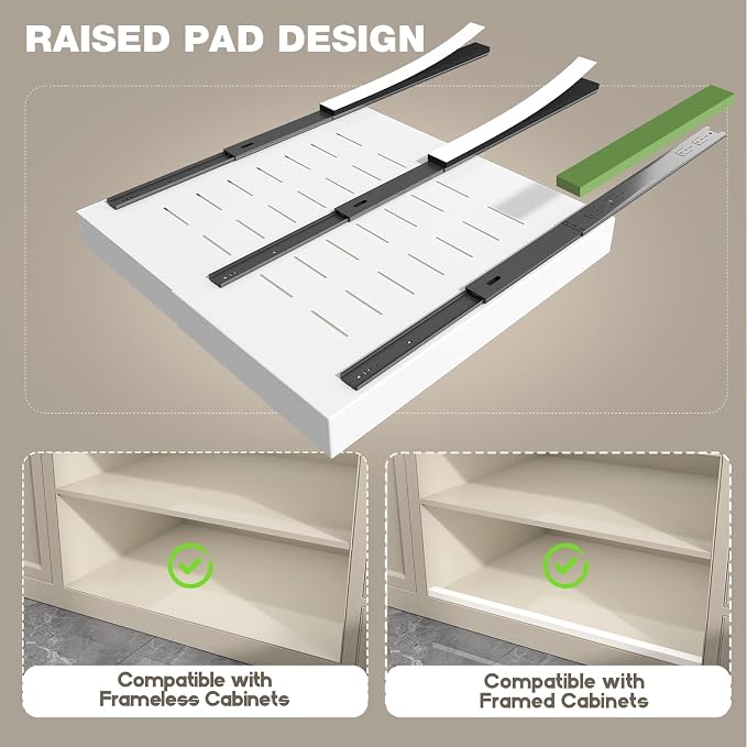 Seinloes 2 Pack Pull Out Cabinet Organizer 24" Deep,Full Extension 3 Slide Rails Slide Out Drawers With Raising Pad for Framed Cabinets,Expandable Width (15.4"-26.2"),No Drill Roll Out shelf,White