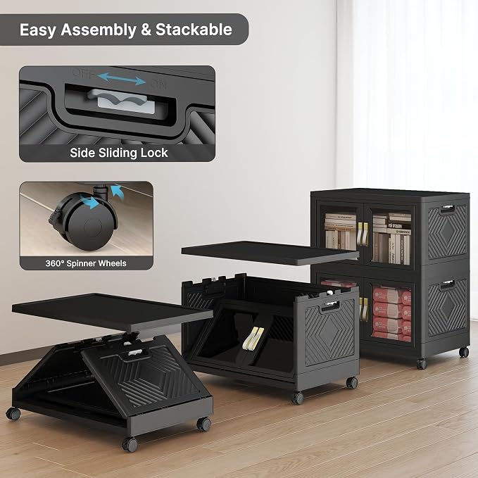 Stackable Storage Bins with Lids, 240QT Extra Large Storage Cabinet | Clear Doors, Foldable Storage Drawers, Heavy Duty, Collapsible Closet Organizers for Bedroom Office (2, Black, 120, Quarts)
