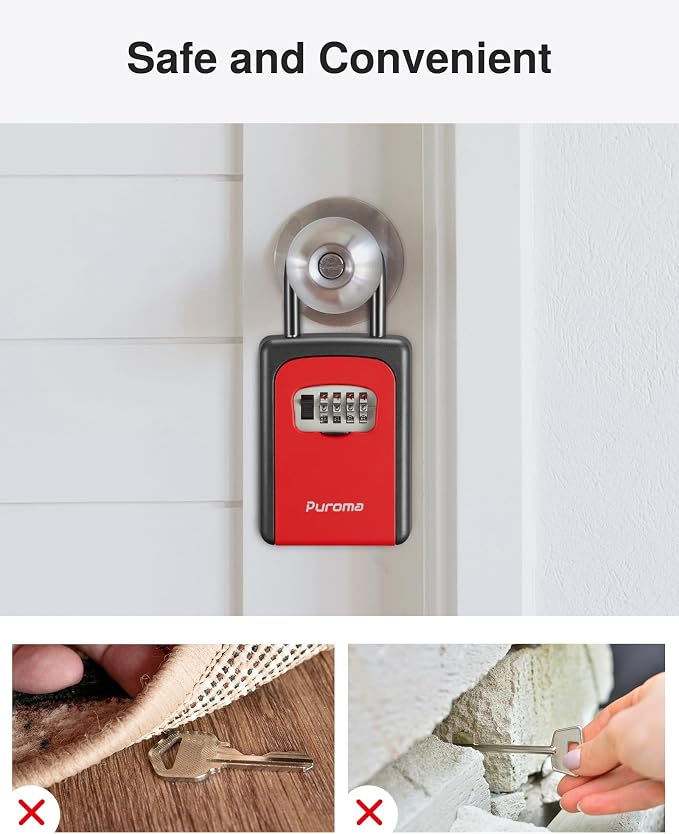Puroma Lock Box, Large Key Lock Box Resettable Combination Code Lockbox, Portable Wall Mount Lockbox Security Safe Box for Outside Outdoor Home Office Door Handle House Key, Red (1 Pack)