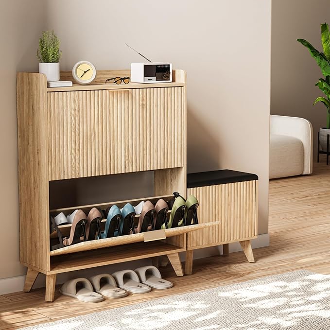 Fluted Shoe Cabinet Storage with Bench, Wood Narrow Hidden Shoe Cabinet with 2 Flip Drawers Wood Legs Adjustable Shelf for Entryway, L-Shaped Shoe Rack Organizer for Foyer Hallway Living Room