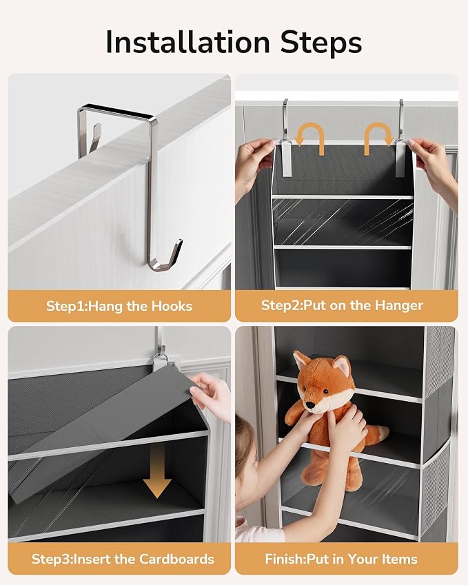 ULG Stuffed Animal Organizer Over the Door, Large Hanging Plush Toy Storage with Mesh Window, Cotton Kids Toy Organizer for Bedroom, Nursery, Playroom & Baby Items Dark Grey