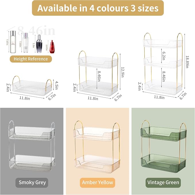 YCIA&DONE Bathroom Organizer Countertop, Makeup Storage, Skincare Cosmetic Tray Shelf, Perfume Holder Rack for Vanity Counter, Large Capacity, Easy to Install, Clean, 2 Tiers, Clear White