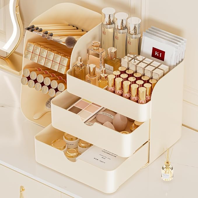 Makeup Organizer with Drawers, Large Capacity Countertop Organizer for Vanity, Bathroom and Bedroom Desk Cosmetics Organizer, Easy To Storage Skincare,Brushes, Eyeshadow,Lipstick (All Cream)