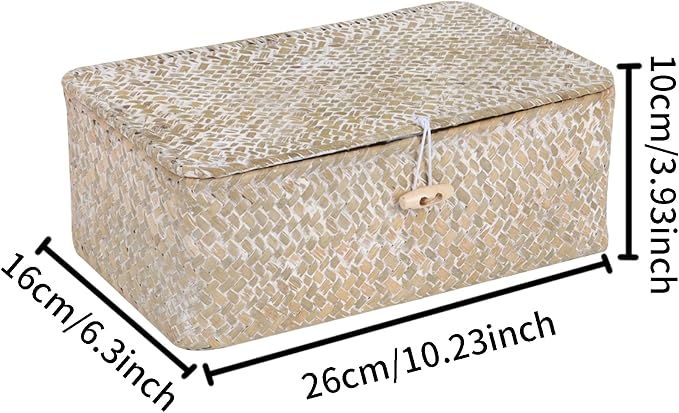 FEIALNDUO Wicker Shelf Baskets with Lid,Seagrass Storage Basket Bins Rectangular Handwoven Basket Boxes for Shelves Desktop Home Organizer (Whitewash, Small)