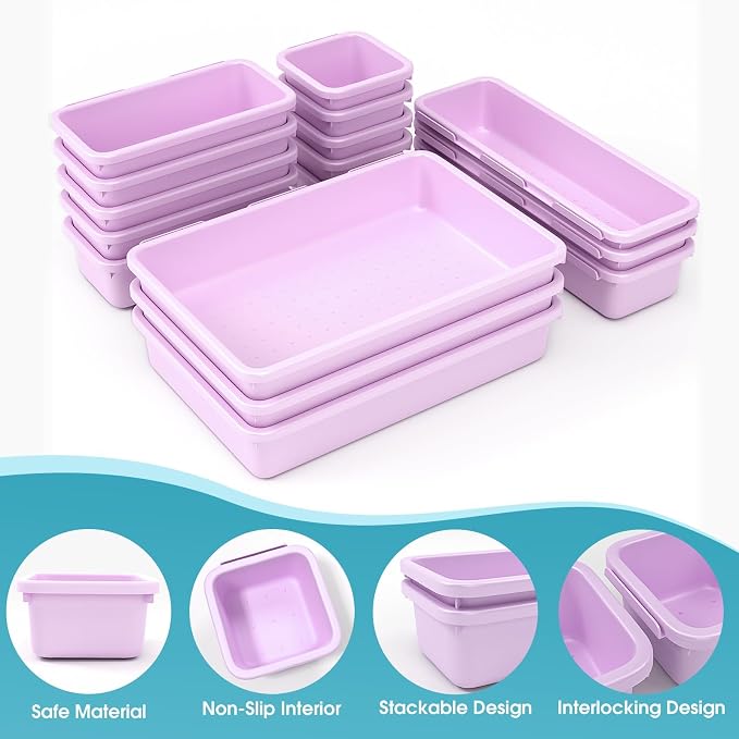 16 PCS Drawer Organizer Set, 4 Size Makeup Drawer Divider Organizer With Non-Slip Pads, Interlocking Plastic Storage Bins for Office,Jewelry Vanity,Gadgets, Bathroom,Kitchen, Purple