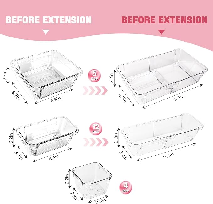 21 PCS Extendable Drawer Organizer Set Clear Stackable Vanity Storage Bins | 3-Size BPA-Free Acrylic Trays, Non-Slip Durable Boxes for Makeup Cosmetics Office Desk Utensils Bathroom Dresser Countertop