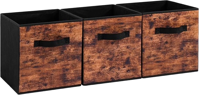 Stero Fabric Storage Cubes, 3 Pack Foldable Storage Bins with Handle, 11 Inch Storage Baskets Box for Shelves, Closet, Organizer, Rustic Brown and Black