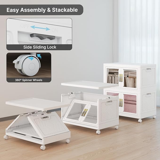 Stackable Storage Bins with Lids, 240QT Extra Large Storage Cabinet | Clear Doors, Foldable Storage Drawers, Heavy Duty, Collapsible Closet Organizers for Bedroom Office (2, White, 120, Quarts)