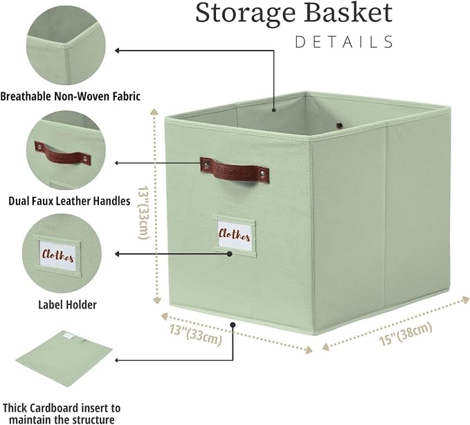 DECOMOMO Storage Bins, Storage Baskets for Shelves | 13" x 15" x 13" Storage Cube Bins with Labels for Organizing Shelves (Kallax, 4pcs, Sage Green)