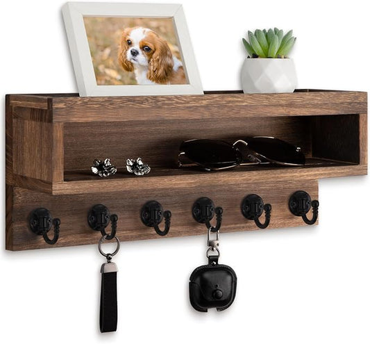 Key and Mail Holder Wall Mount, Key Hanger with Long Storage Box and 6 Hooks for Coat, Dog Leash, Home Decor Rack, House Accessories, Entry Way Organizer (Brown)
