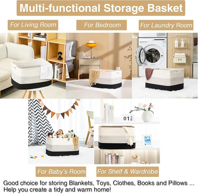 ICERZCZ Large Blanket Basket Living Room, Rectangle Toy Storage Basket, Large Baskets for Blankets, Woven Cotton Rope Baskets for Storage, Books, Shoes, Dirty Clothes, 22”x17”x12”, Gradient Black, 75L