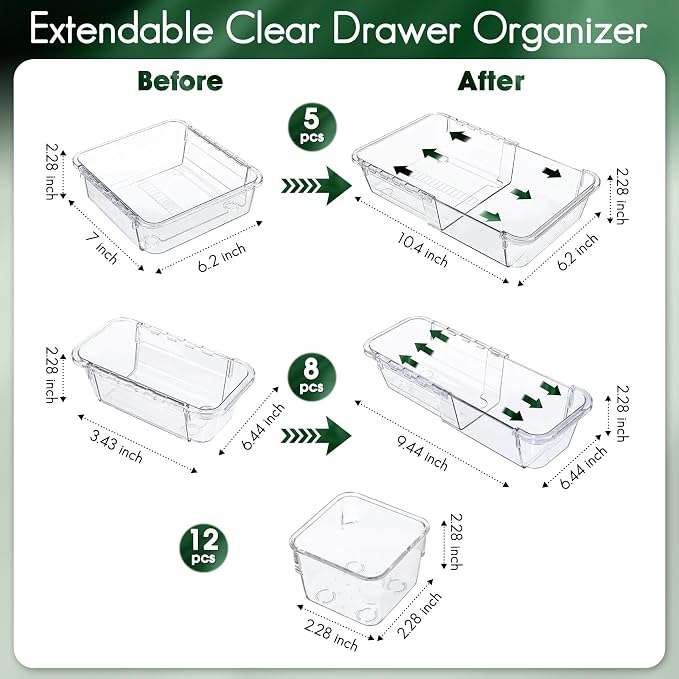 25-Piece Adjustable Clear Acrylic Organizer Set - 3-Size Drawer Storage Bins for Makeup, Kitchen, Bedroom, Desk & Craft Room | Multi-Purpose Home & Office Solution