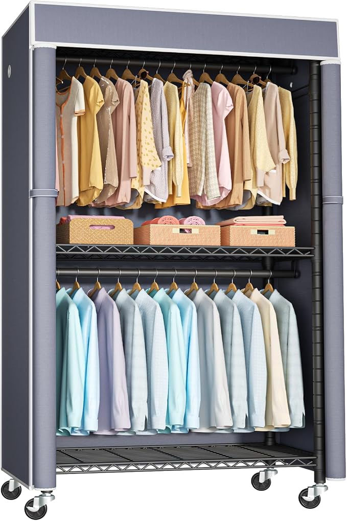 Black Clothing Rack with Grey Cover, P1C Rolling Closets with Wheels, Metal Garment Rack for Hanging Clothes, Clothing Storage Wardrobe, 36.2" W x 16.5" D x 80.5" H, Load 450 Pounds