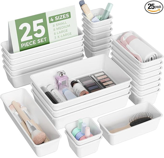 BiuLeon 25 PCS Plastic Drawer Organizers Set, 4-Sizes Vanity and Makeup Organizer, Desk and bathroom Drawer Organizer Trays, Organizers and Storage for Makeup, Jewelry, Gadgets, Utensils (White)