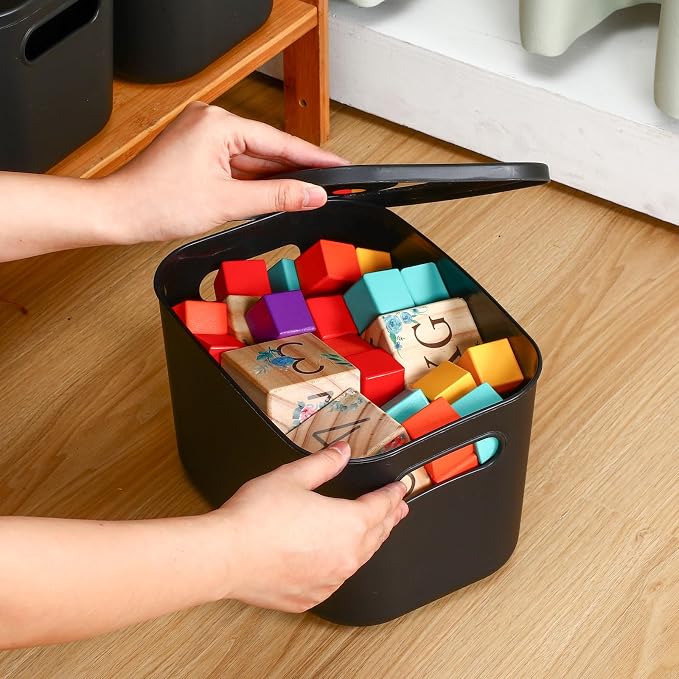 8 Pieces Colorful Storage Bins with Lid, Plastic Storage Basket Organizing Container Stackable Box with Handle for Shelves Desktop Playroom Office(9.8 x 7.1 x 6.3 Inch,Black)