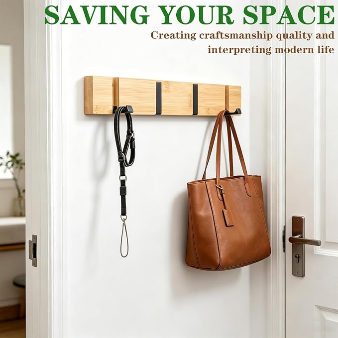 Wall Mounted Coat Rack, Heavy Duty Folding Coat Hooks Wood Retractable Wall Hooks for Hanging Purse Clothes Keys, Towel Hooks Rack for Bathroom Wall Coat Hanger for Entryway (4 Hooks,Nature)
