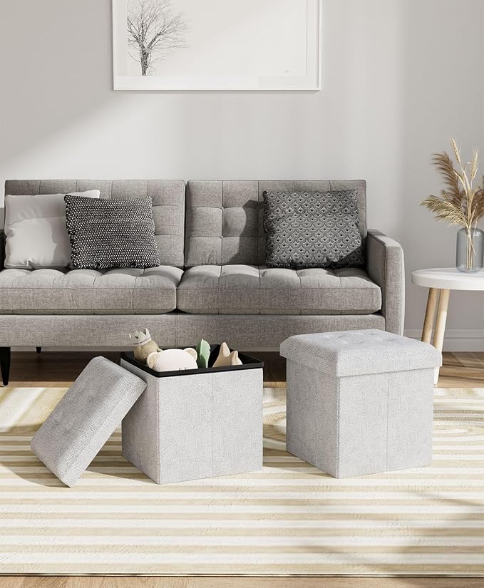 Folding Storage Ottoman Bench, Light Gray, 15 Inches | Multi-Functional Ottoman Foot Rest, End of Bed Bench, Storage Chest, Living Room, Bedroom, Hallway, Entryway, 300 lb Capacity
